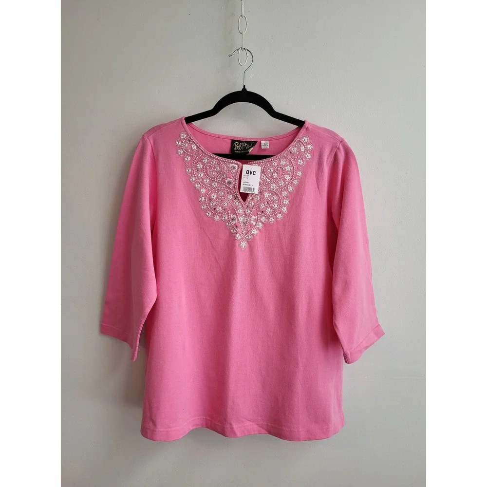 Bob Mackie Wearable Art Pink Beaded Embroidered Floral Keyhole Sweater L NWT